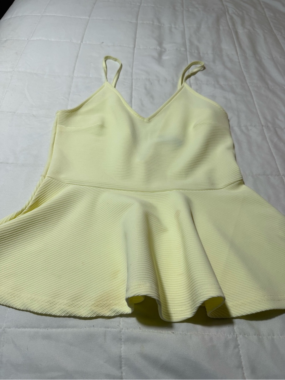 Pale Yellow Ribbed Peplum Cami with Spaghetti Straps